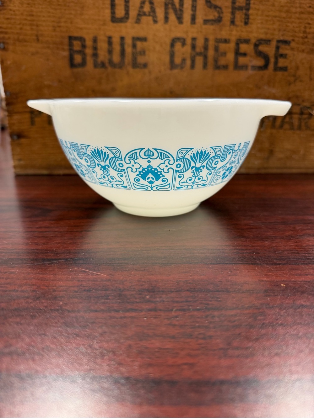 Pyrex Cream Mixing Bowl with Blue Geometric Border